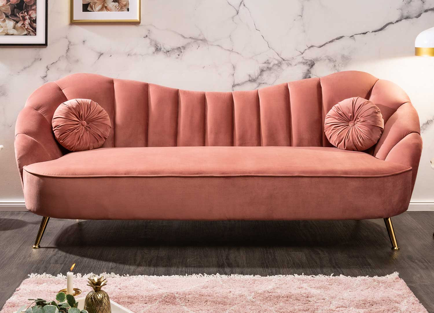 Canapé rétro 3 places velours rose 220 cm