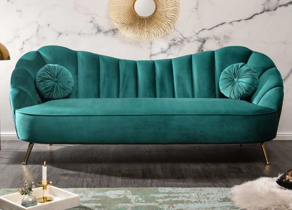Canapé rétro 3 places velours turquoise 220 cm