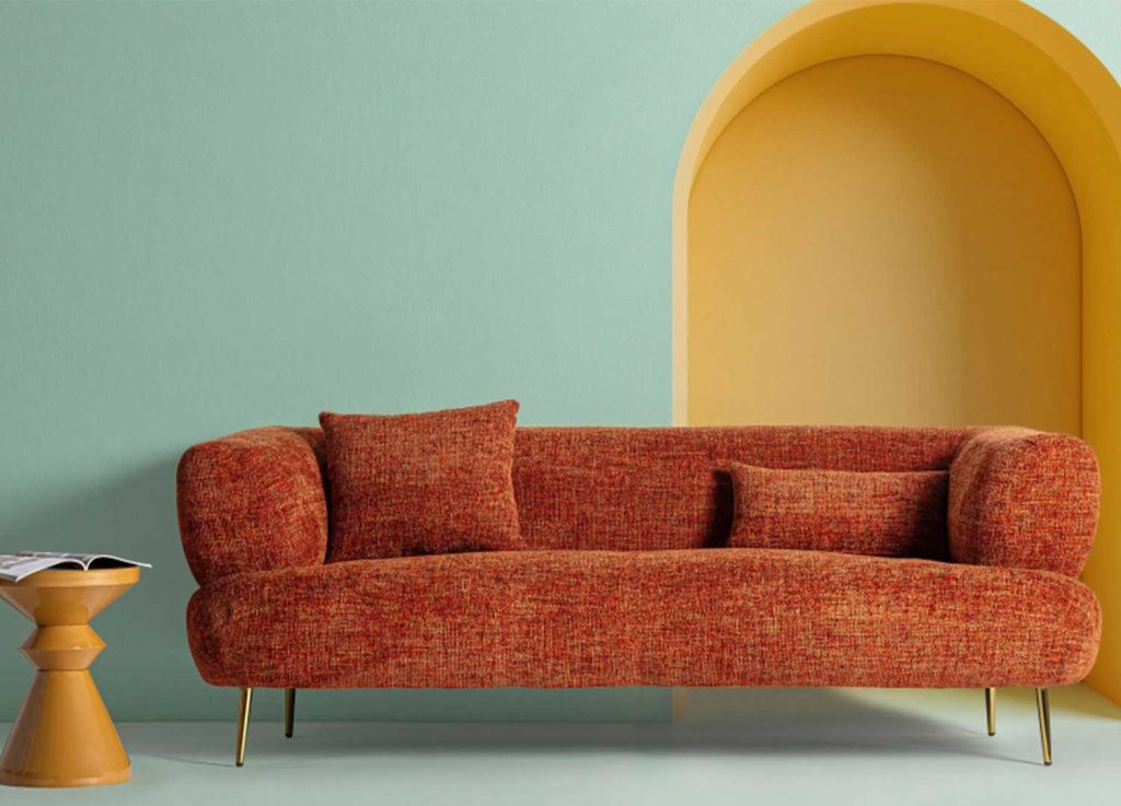 Canapé tissu orange moderne rétro 215 cm Freja