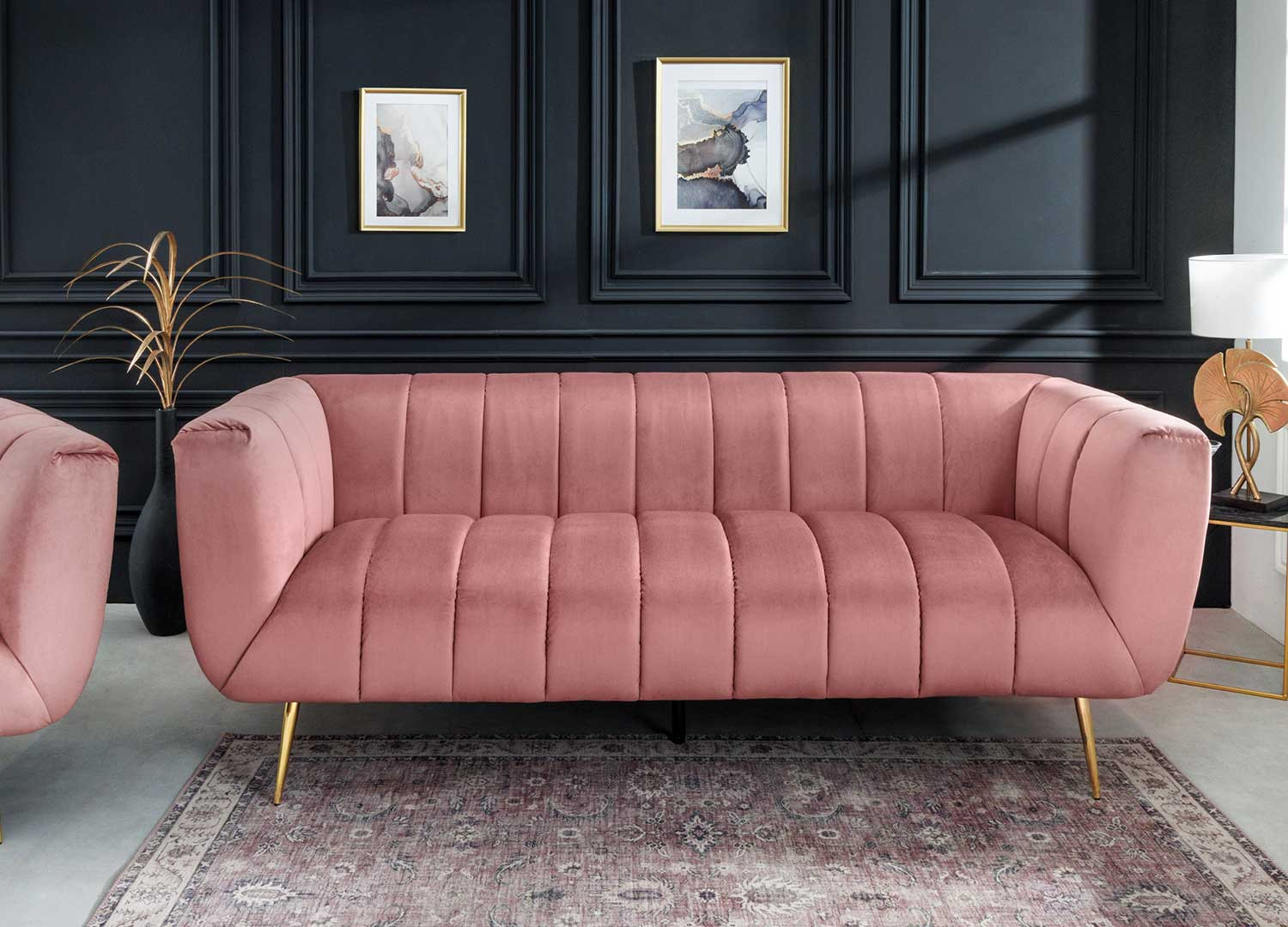 Canapé tissu velours matelassé rose