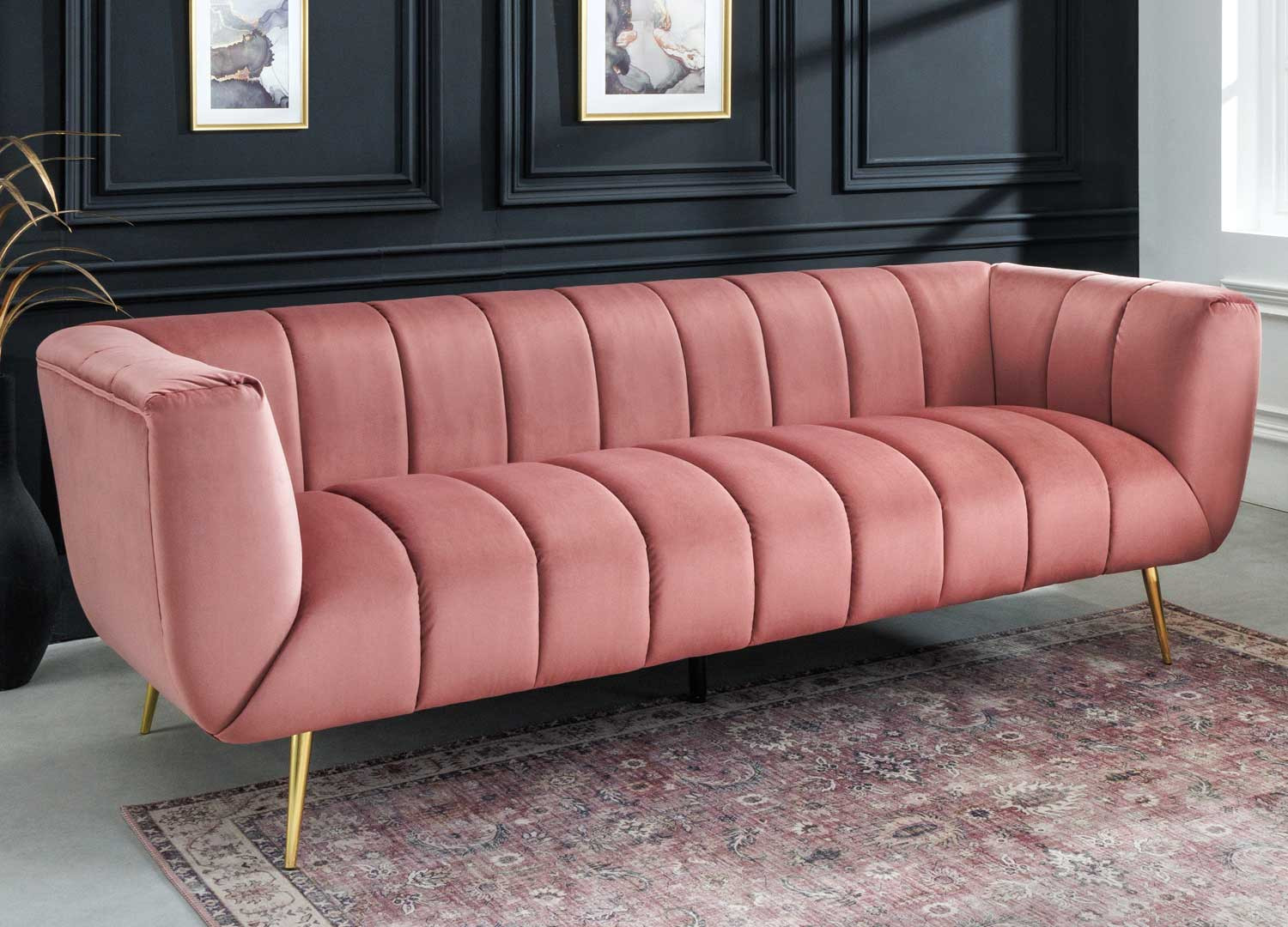 Canapé tissu velours matelassé rose