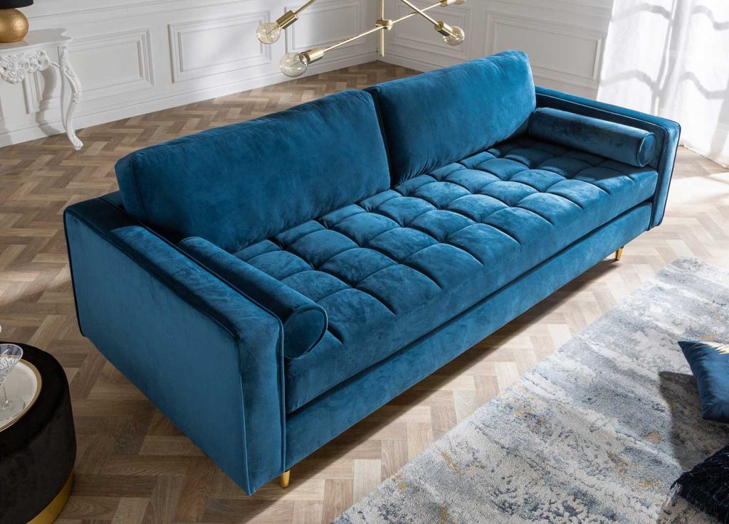 Canapé velours bleu 3 places 220 cm
