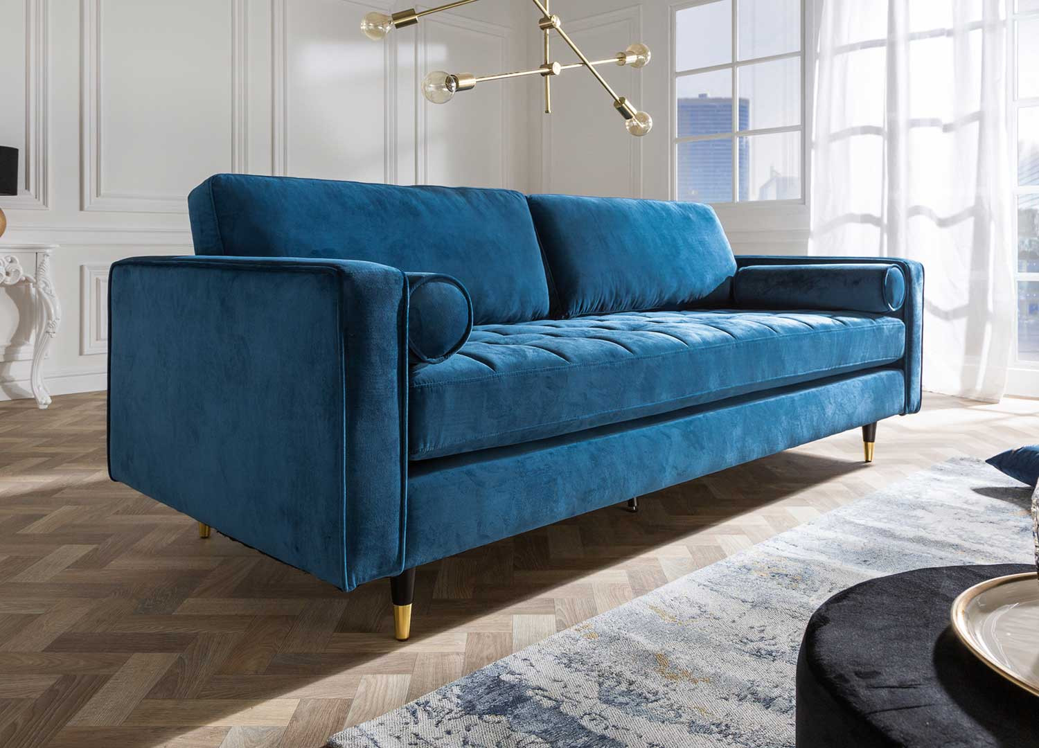 Canapé velours bleu 3 places 220 cm