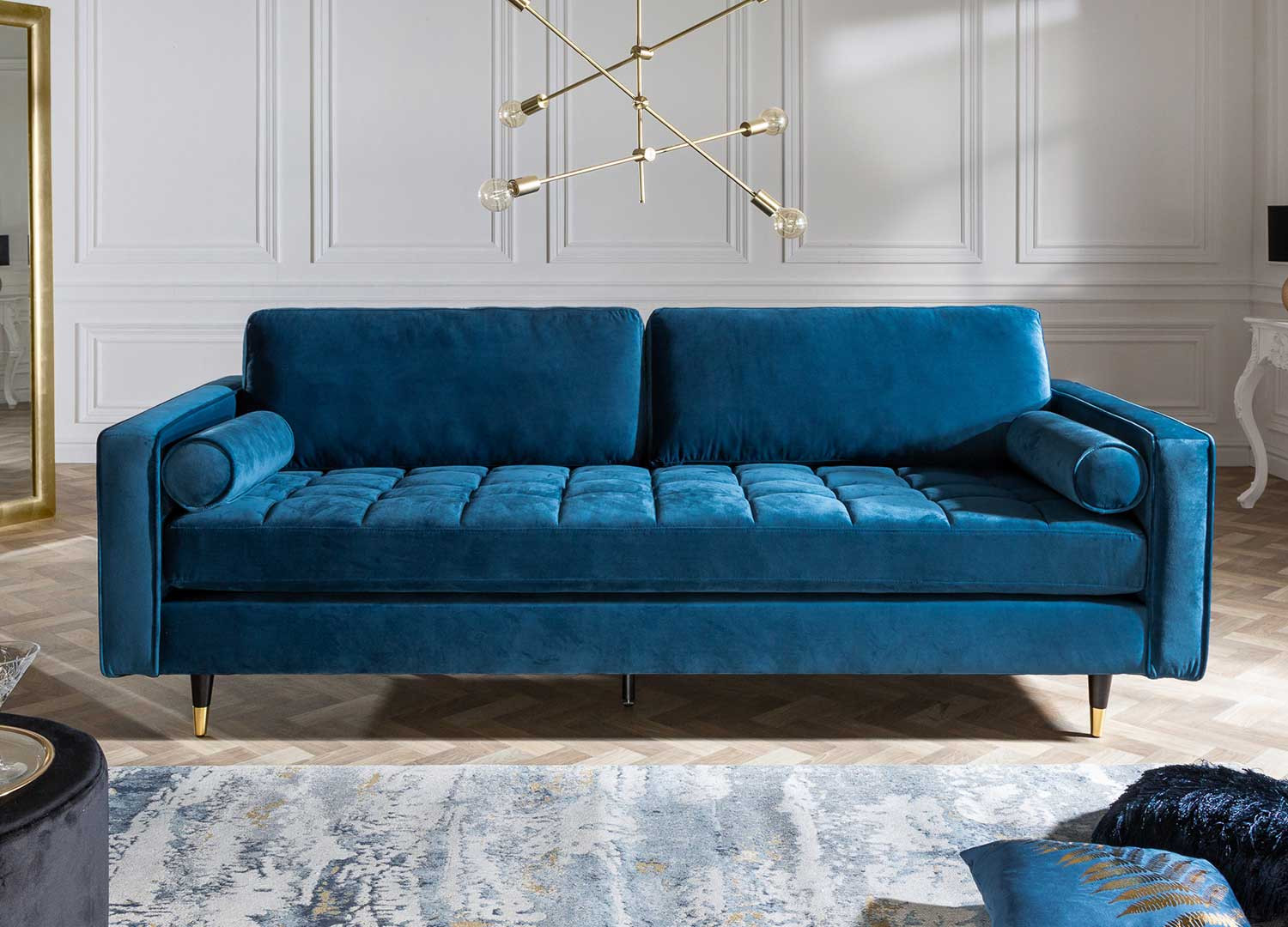 Canapé velours bleu 3 places 220 cm