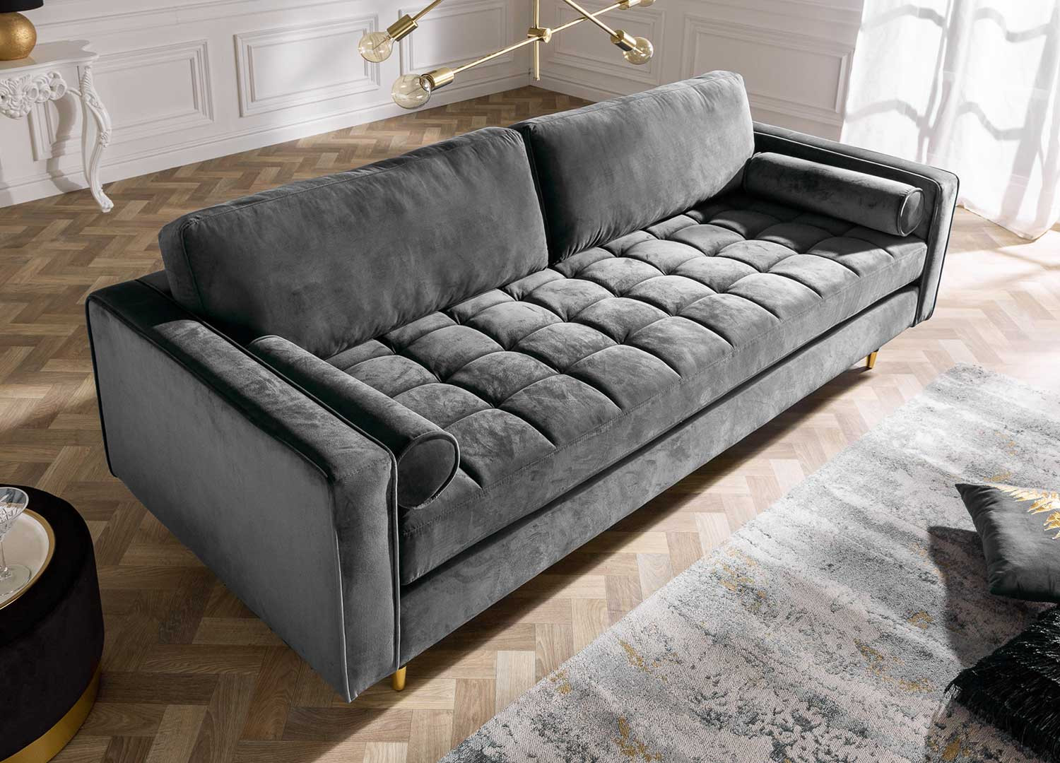 Canapé velours gris 3 places 220 cm