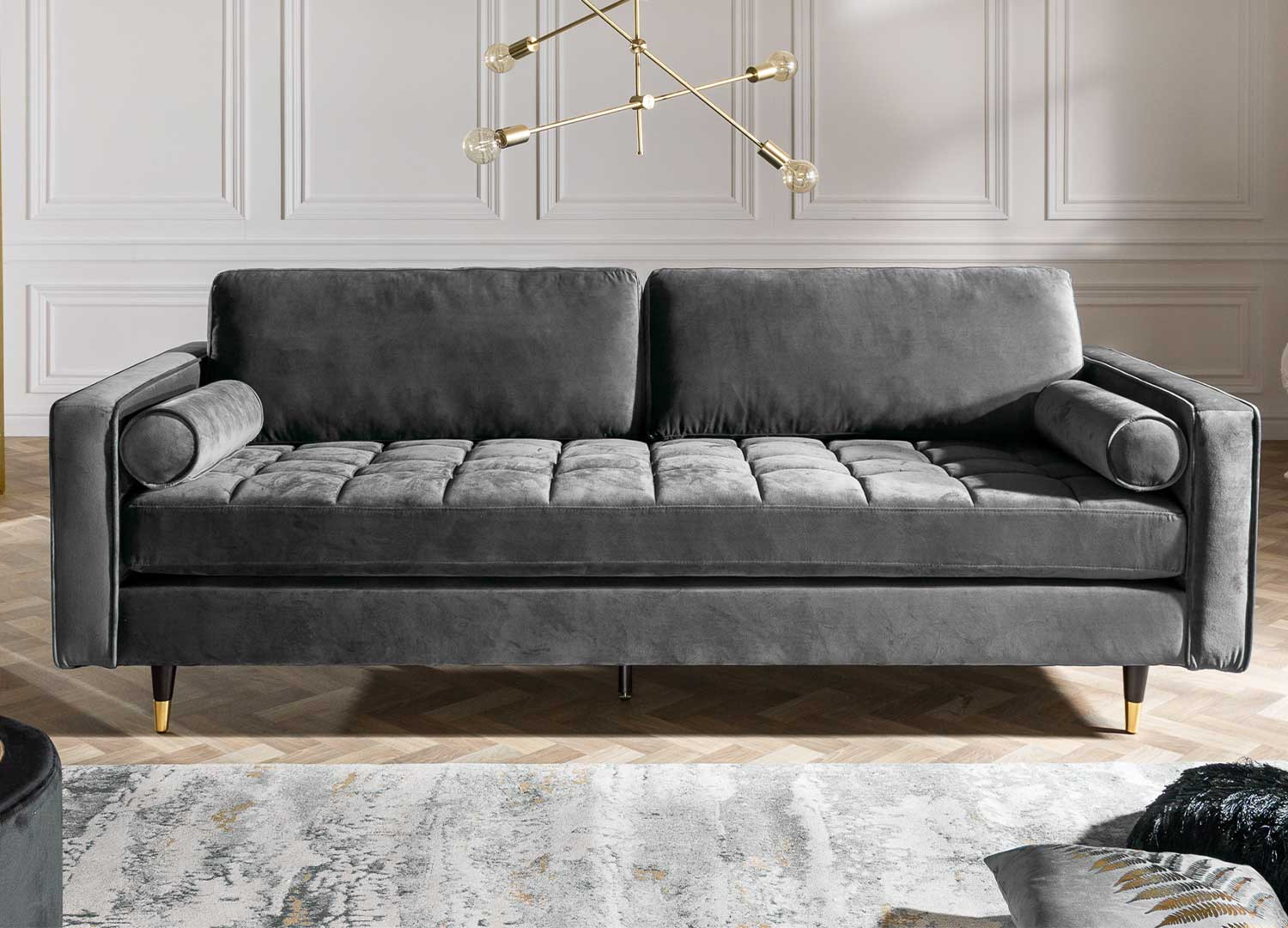 Canapé velours gris 3 places 220 cm