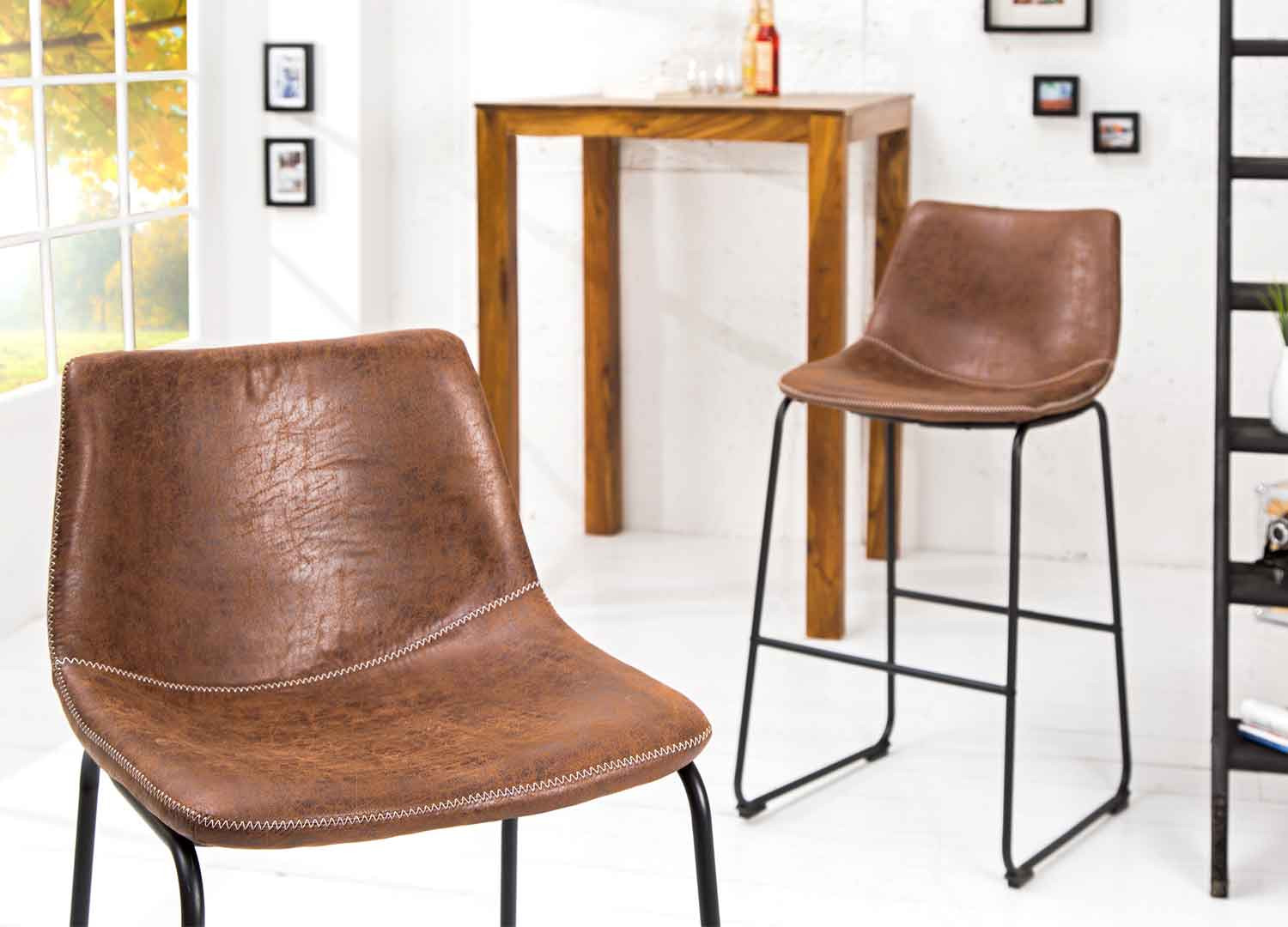 Chaise de bar microfibre marron vintage et métal noir Sharon