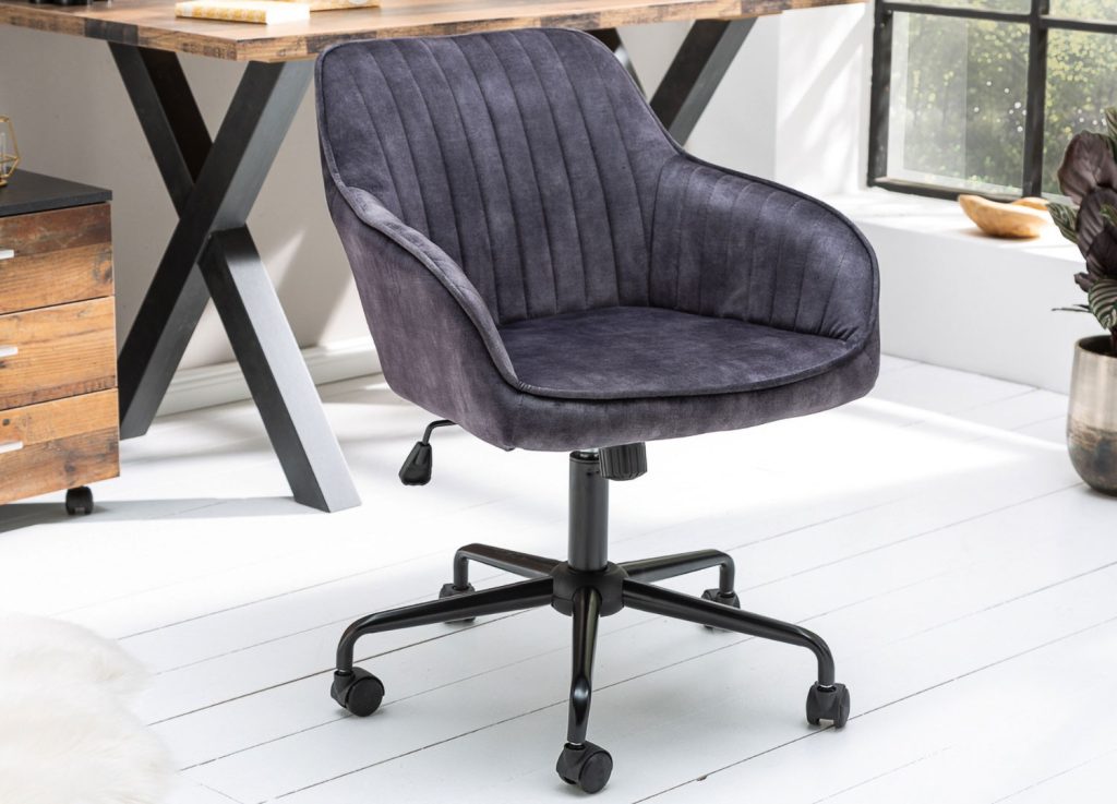 Chaise de bureau velours gris foncé pivotante avec accoudoirs