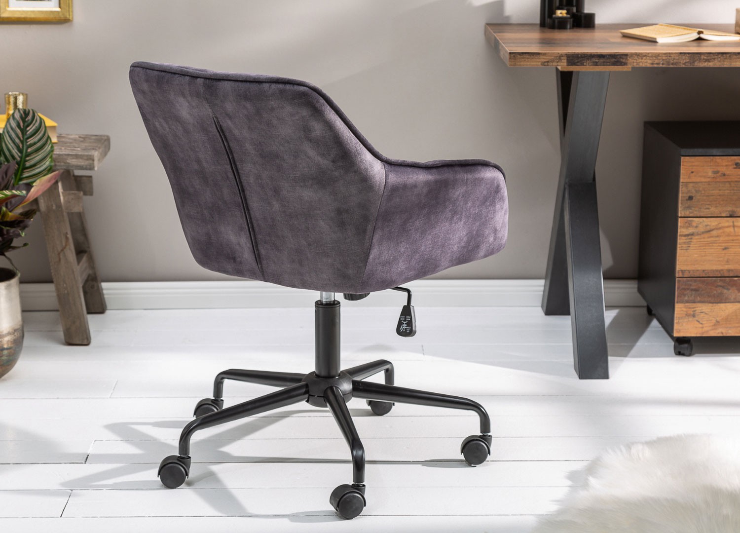 Chaise de bureau velours gris foncé pivotante avec accoudoirs