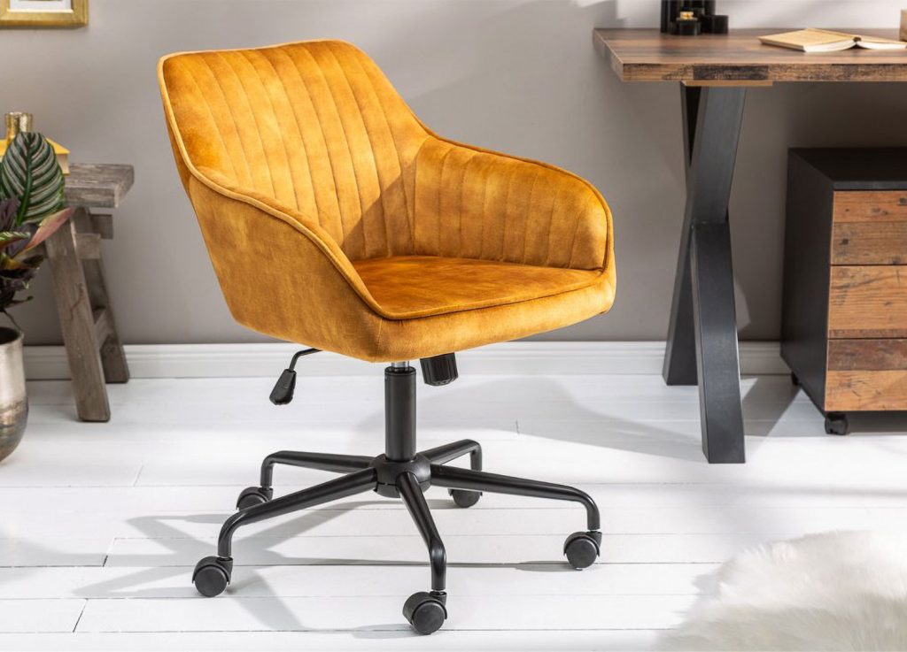 Chaise de bureau velours jaune or pivotante avec accoudoirs