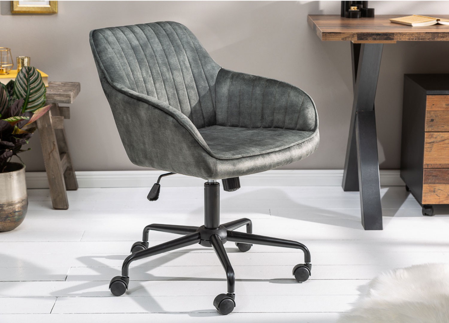 Chaise de bureau velours vert foncé pivotante avec accoudoirs