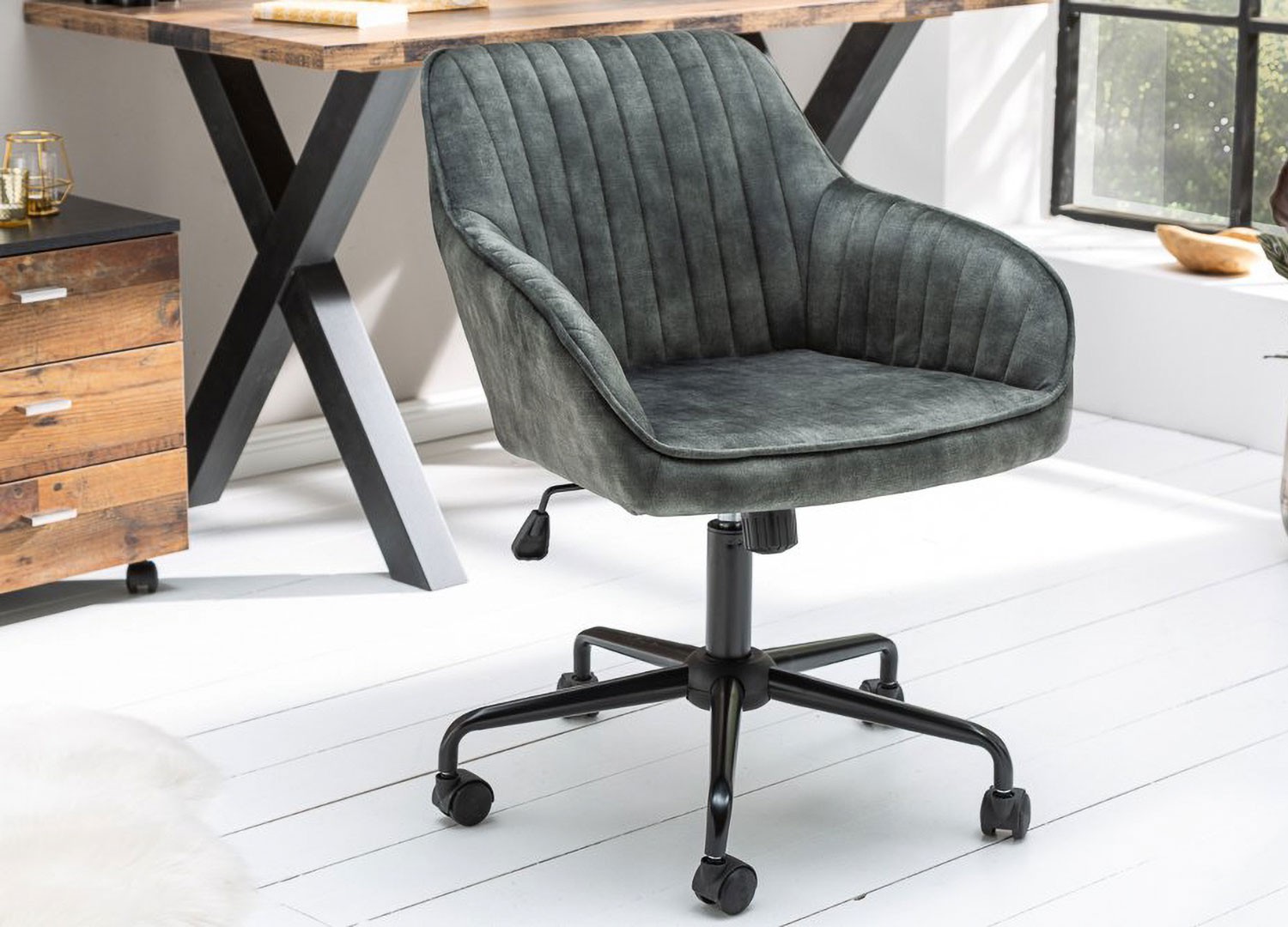 Chaise de bureau velours vert foncé pivotante avec accoudoirs