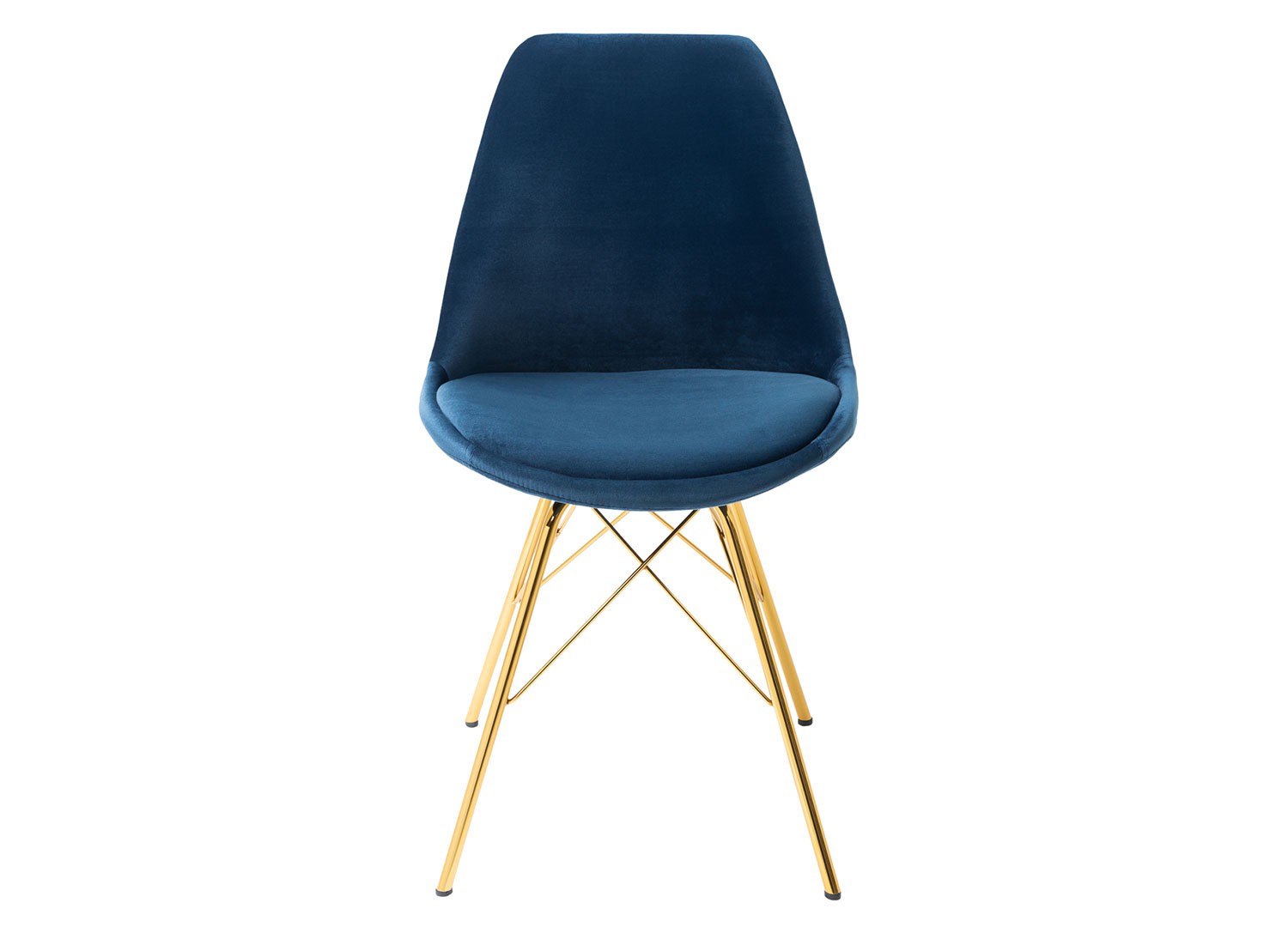 Chaise design velours bleu et pieds métal doré