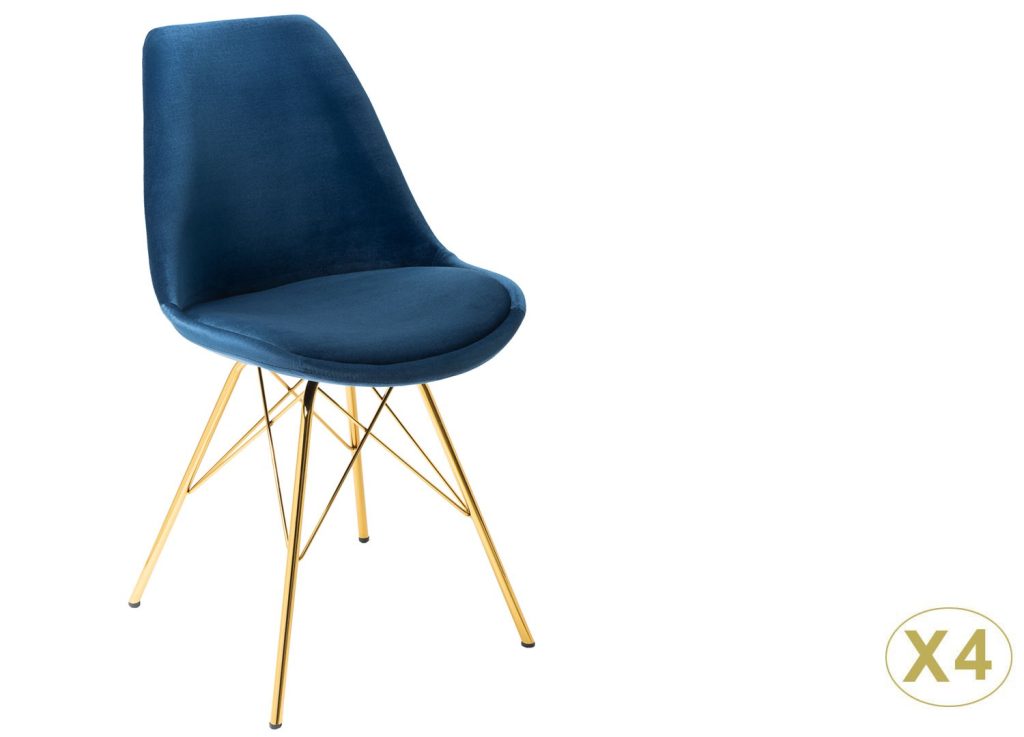 Chaise design velours bleu et pieds métal doré