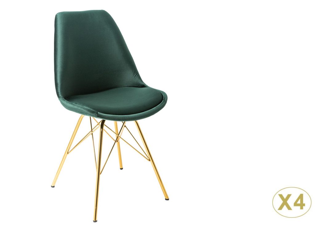 Chaise design velours vert et pieds doré
