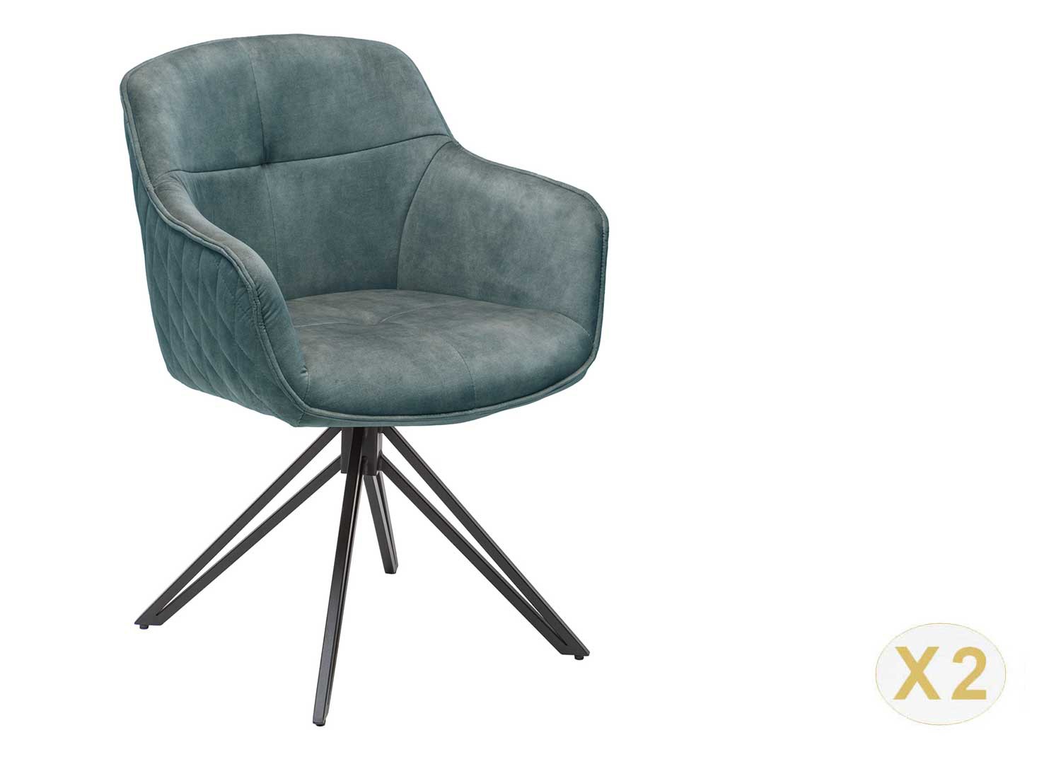 Chaise tournante avec accoudoirs velours bleu pétrole et pieds métal