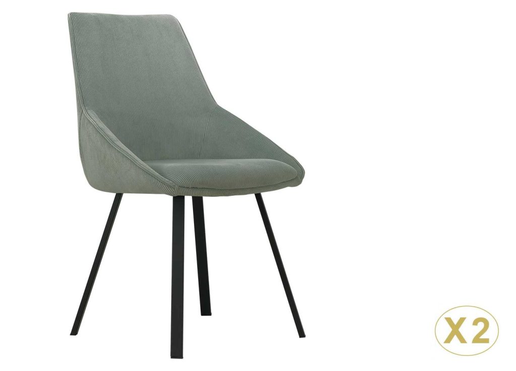 Chaises côtelé vert céladon et pied métal noir Elska