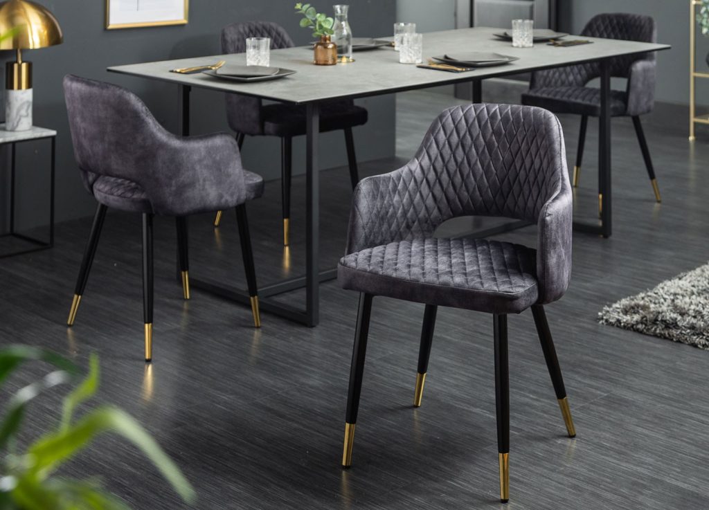 Chaises design en velours gris et pieds métal noir