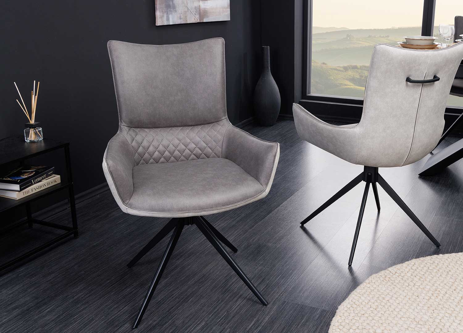 Chaises microfibre grise pivotantes avec poignée au dos