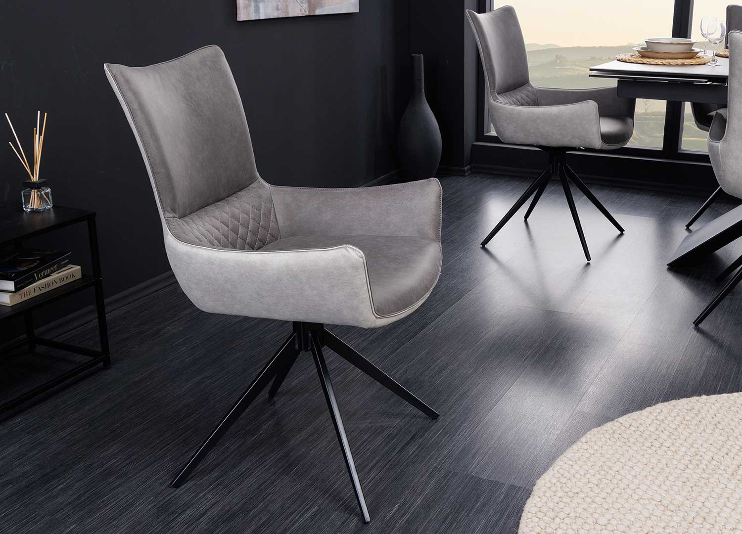 Chaises microfibre grise pivotantes avec poignée au dos