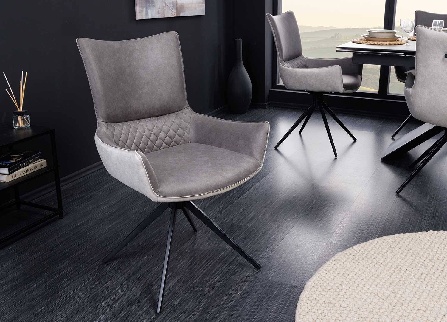 Chaises microfibre grise pivotantes avec poignée au dos