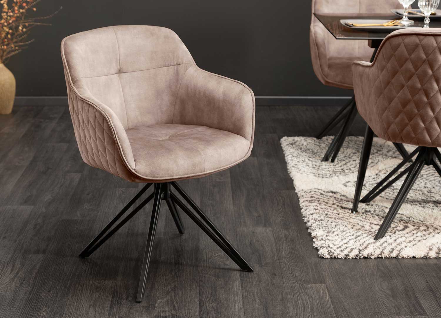 Chaises pivotantes avec accoudoirs velours grège et pieds métal