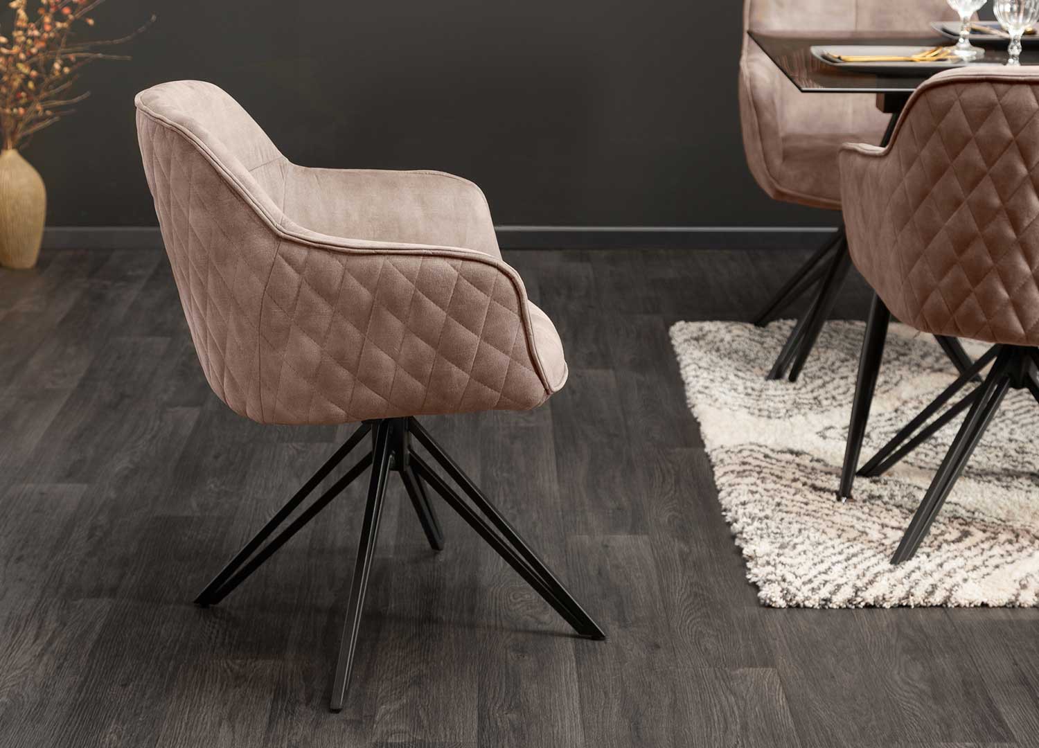 Chaises pivotantes avec accoudoirs velours grège et pieds métal
