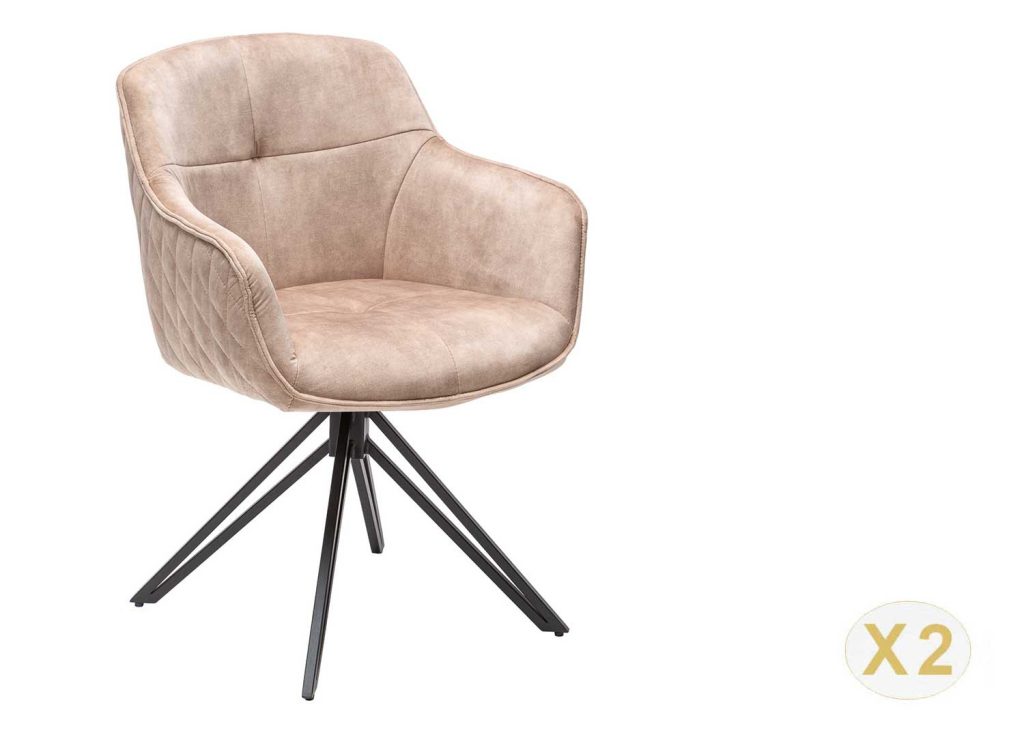 Chaises pivotantes avec accoudoirs velours grège et pieds métal