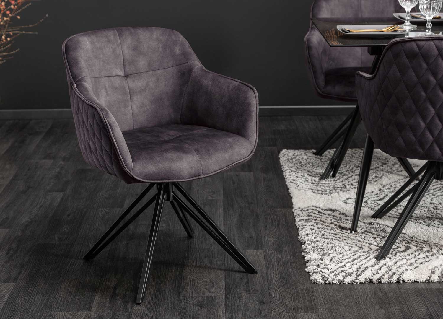 Chaises pivotantes avec accoudoirs velours gris foncé et pieds métal
