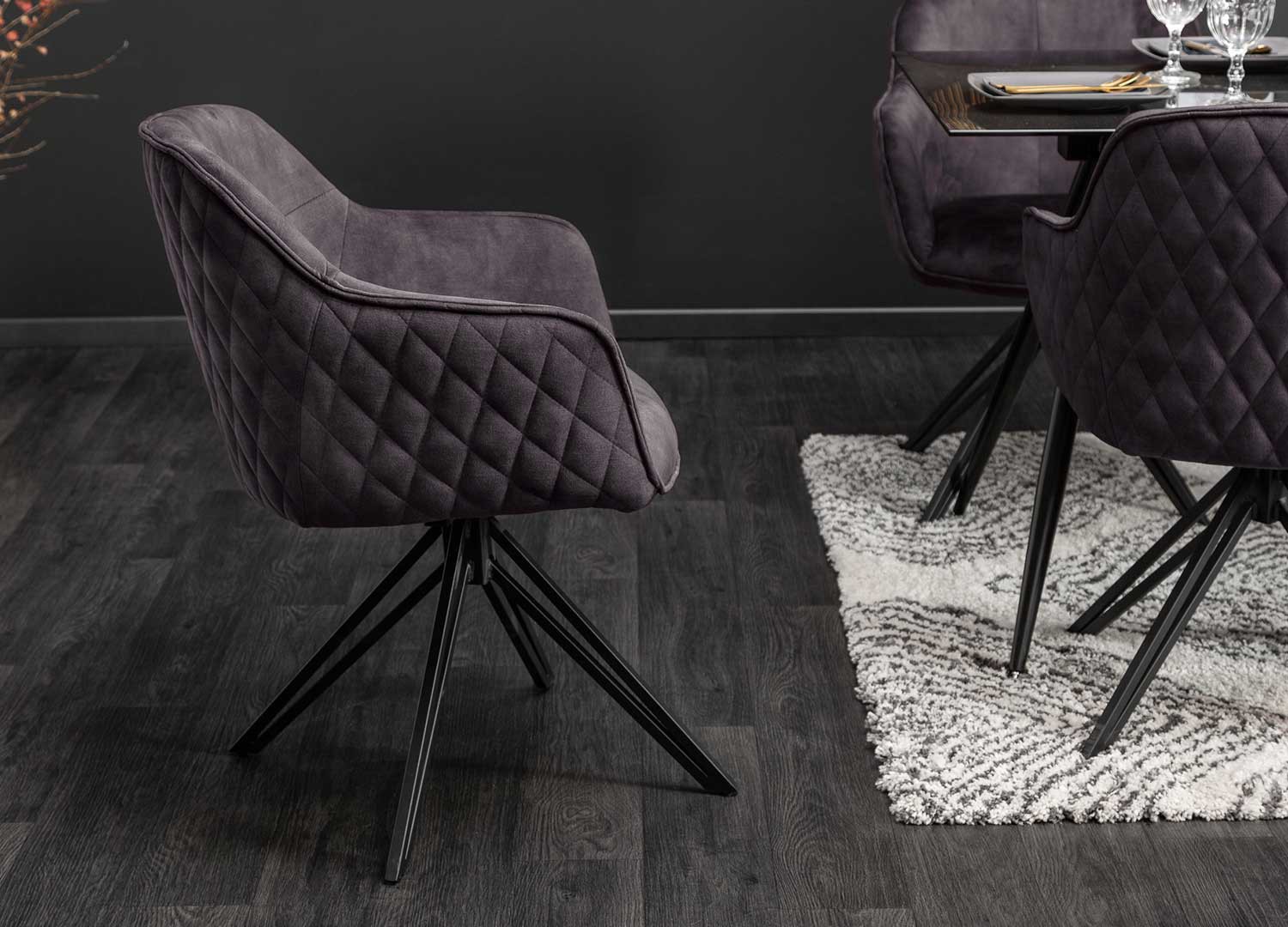 Chaises pivotantes avec accoudoirs velours gris foncé et pieds métal
