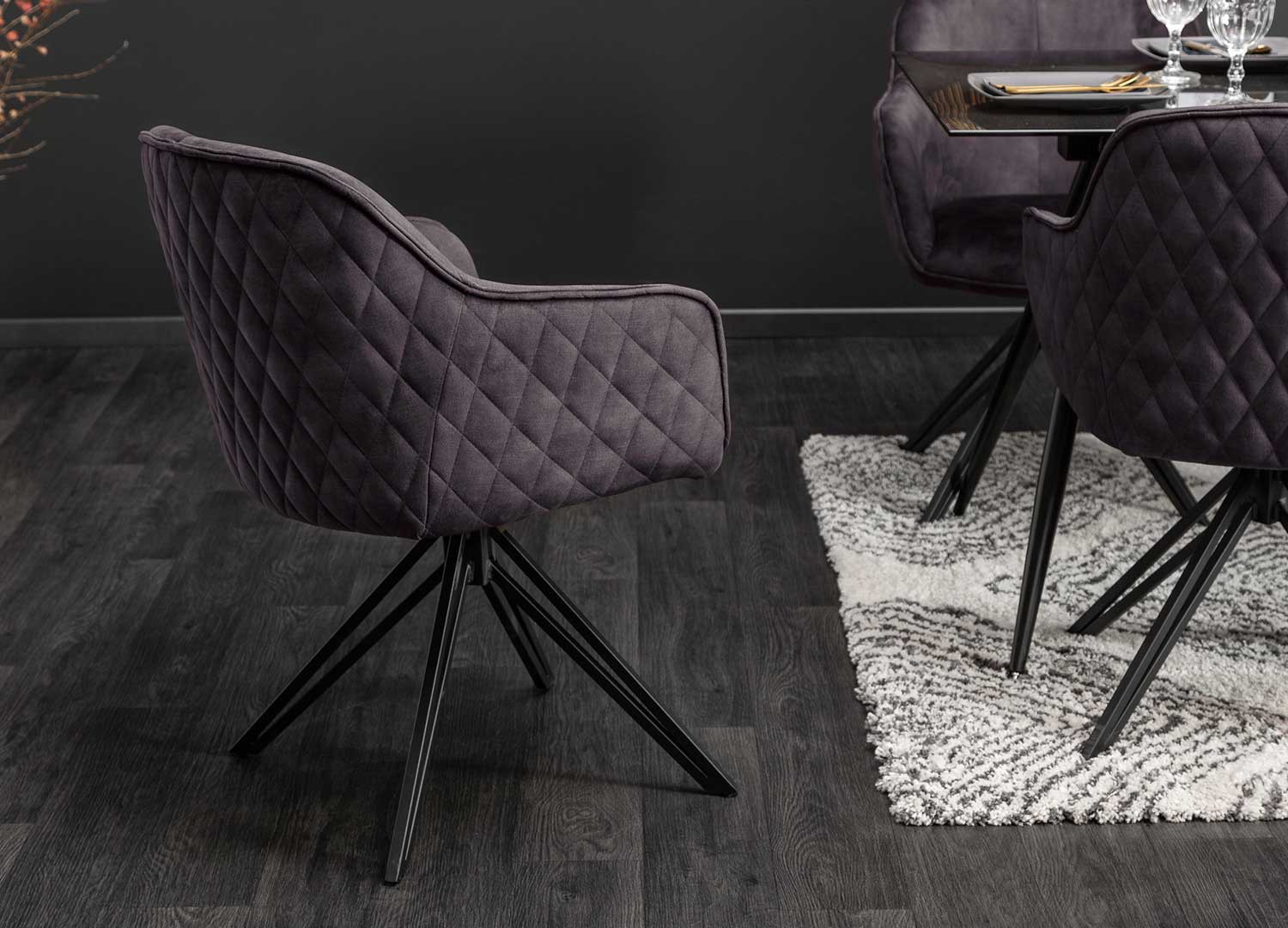 Chaises pivotantes avec accoudoirs velours gris foncé et pieds métal