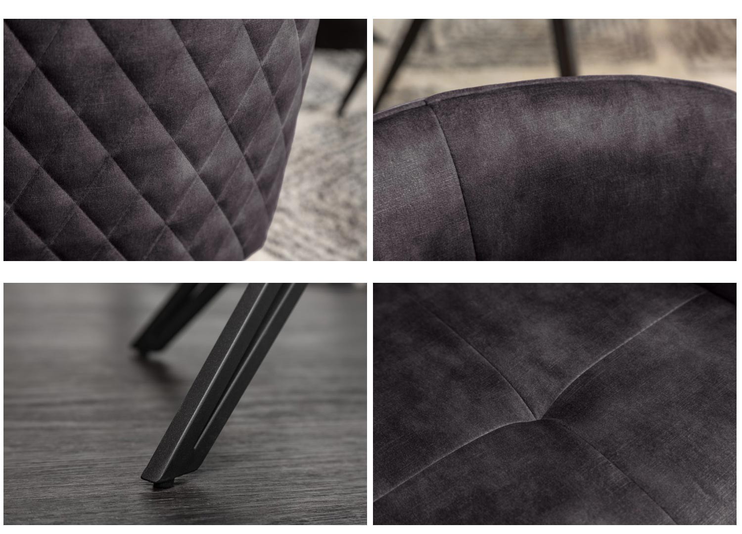 Chaises pivotantes avec accoudoirs velours gris foncé et pieds métal