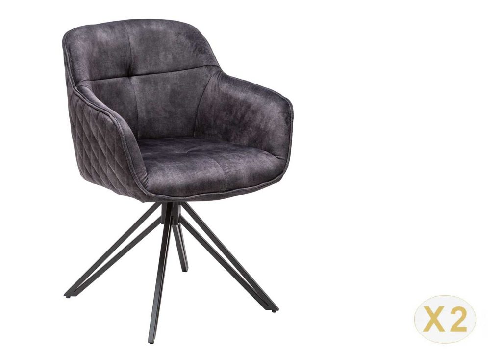 Chaises pivotantes avec accoudoirs velours gris foncé et pieds métal