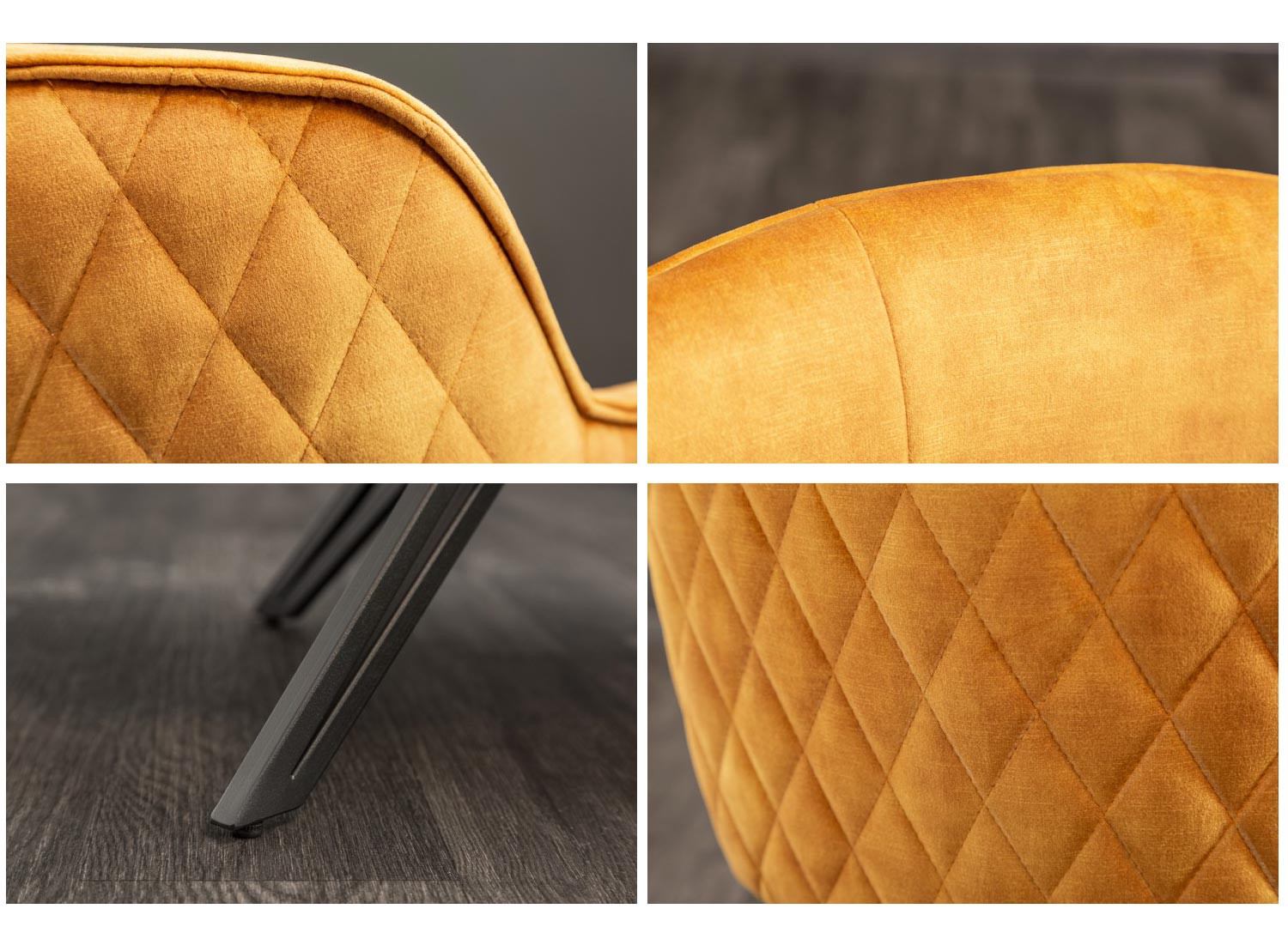 Chaises pivotantes avec accoudoirs velours jaune moutarde et pieds métal