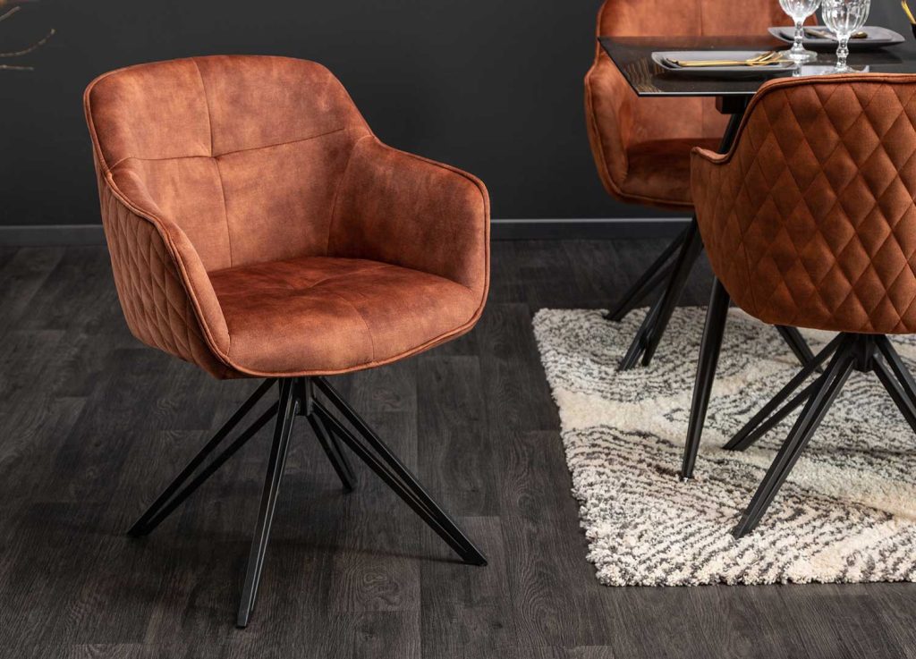 Chaises pivotantes avec accoudoirs velours marron et pieds métal