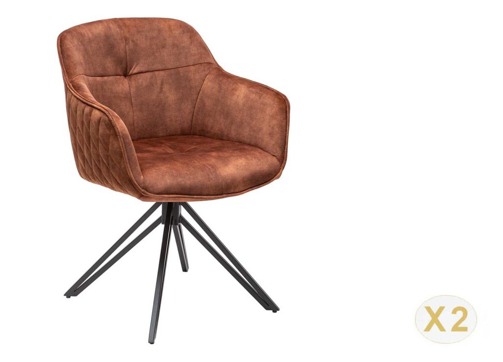 Chaises pivotantes avec accoudoirs velours marron et pieds métal