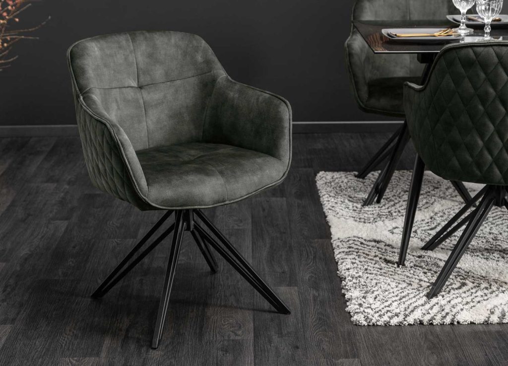 Chaises pivotantes avec accoudoirs velours vert foncé et pieds métal