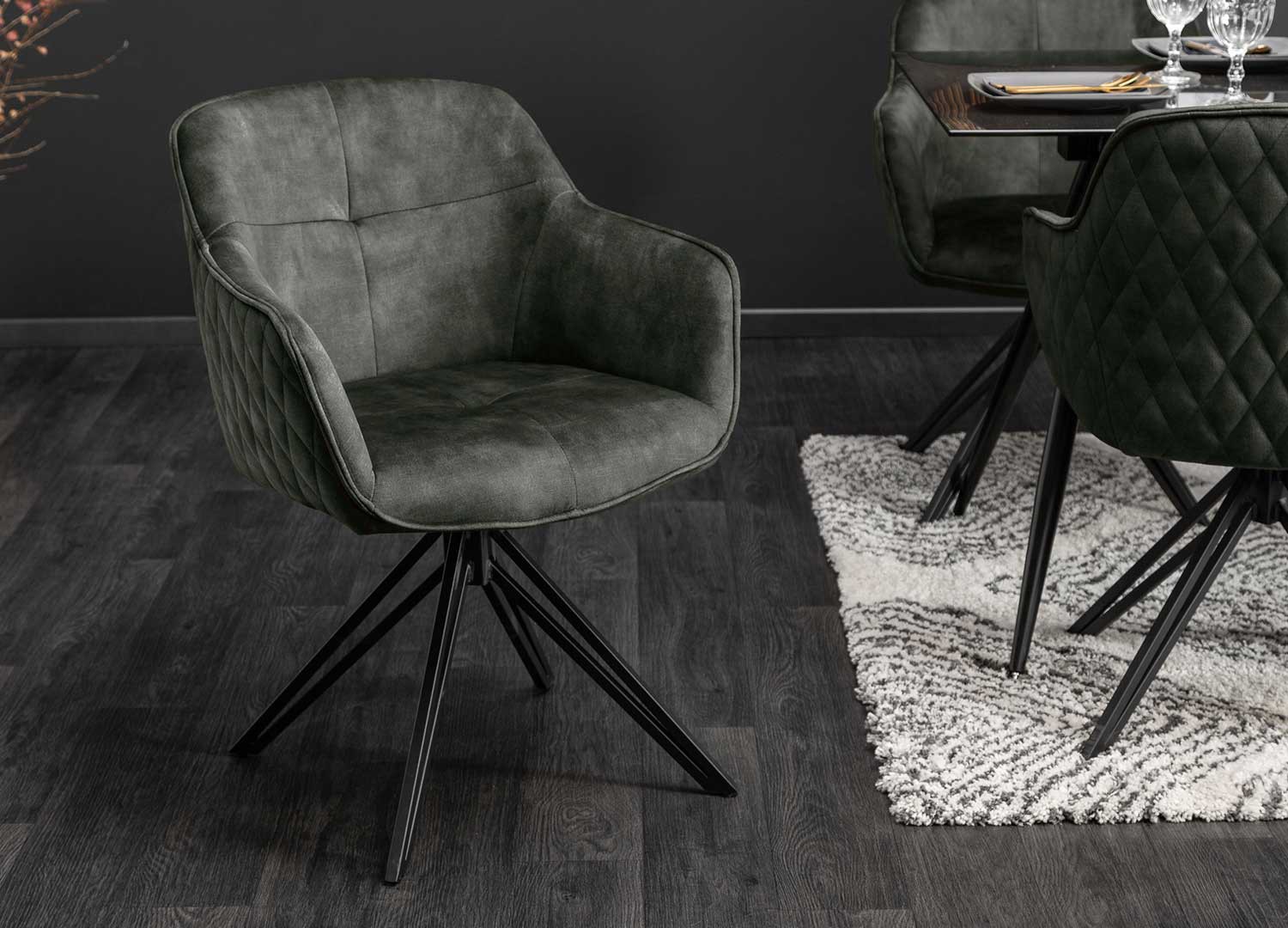 Chaises pivotantes avec accoudoirs velours vert foncé et pieds métal