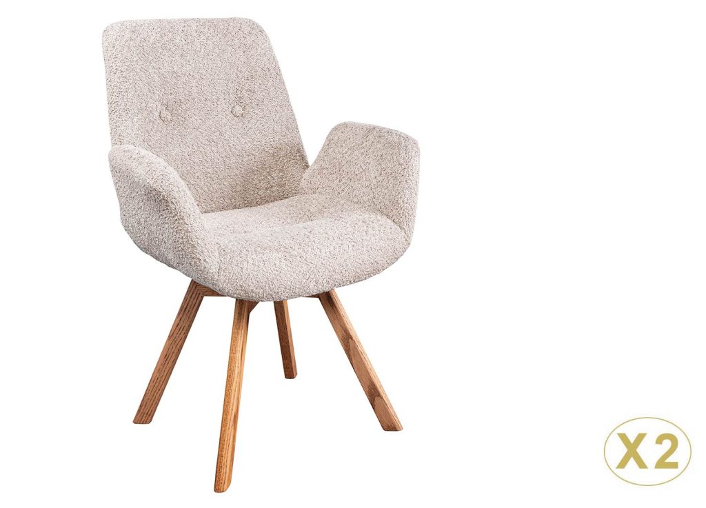 Chaises rotatives tissu bouclé beige et pieds chêne