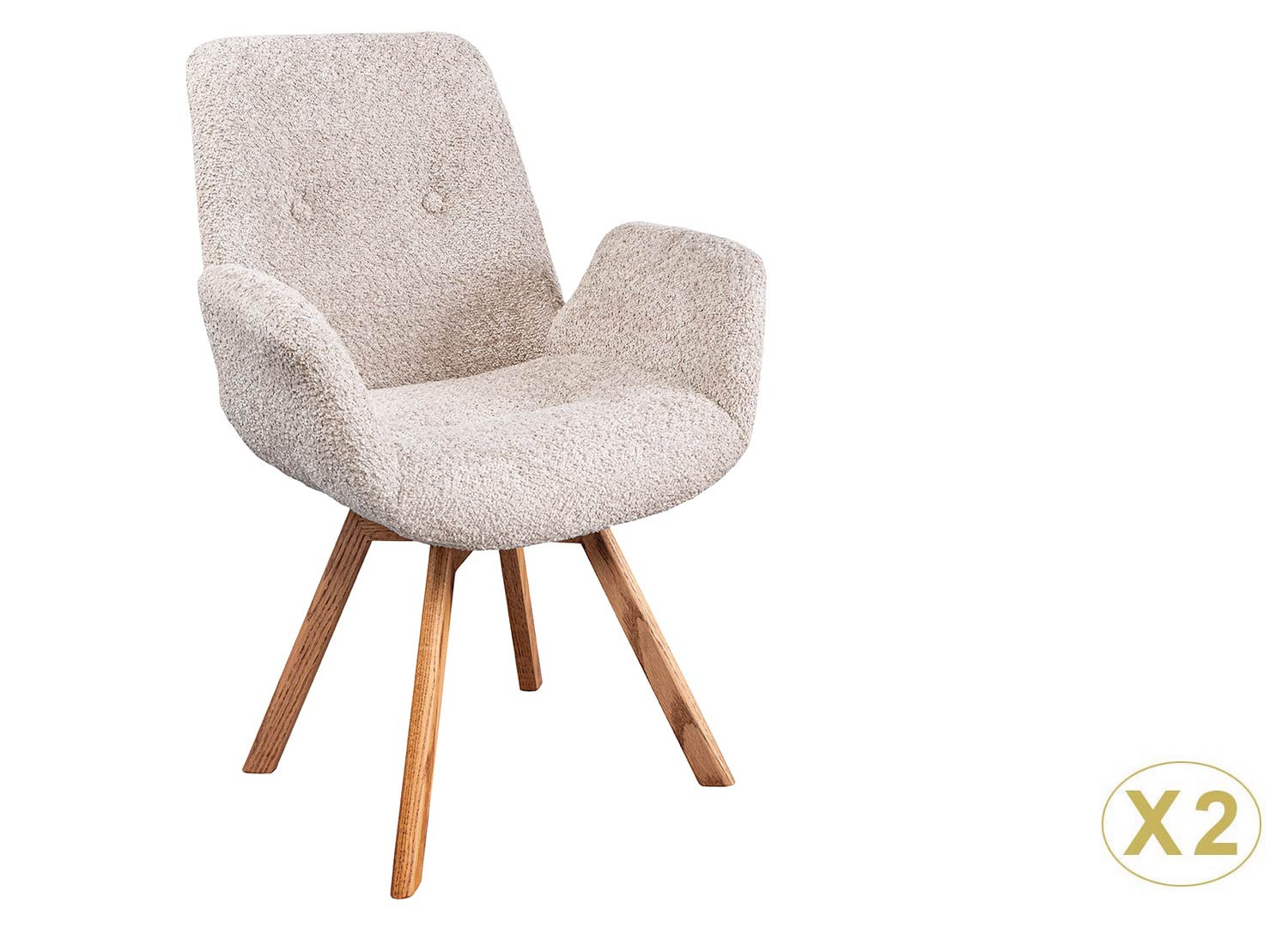 Chaises rotatives tissu bouclé beige et pieds chêne