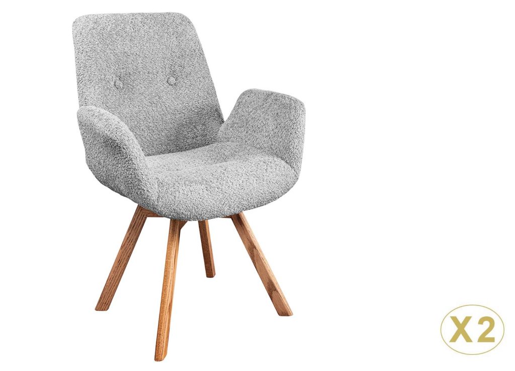 Chaises rotatives tissu bouclé gris et pieds chêne