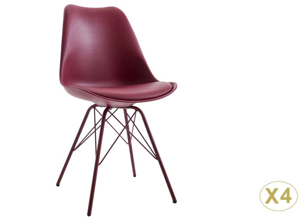 Chaises scandinave rouge bordeaux coque en pvc et pieds métal rose