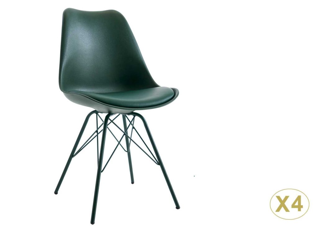 Chaises scandinave verte coque en pvc et pieds en métal