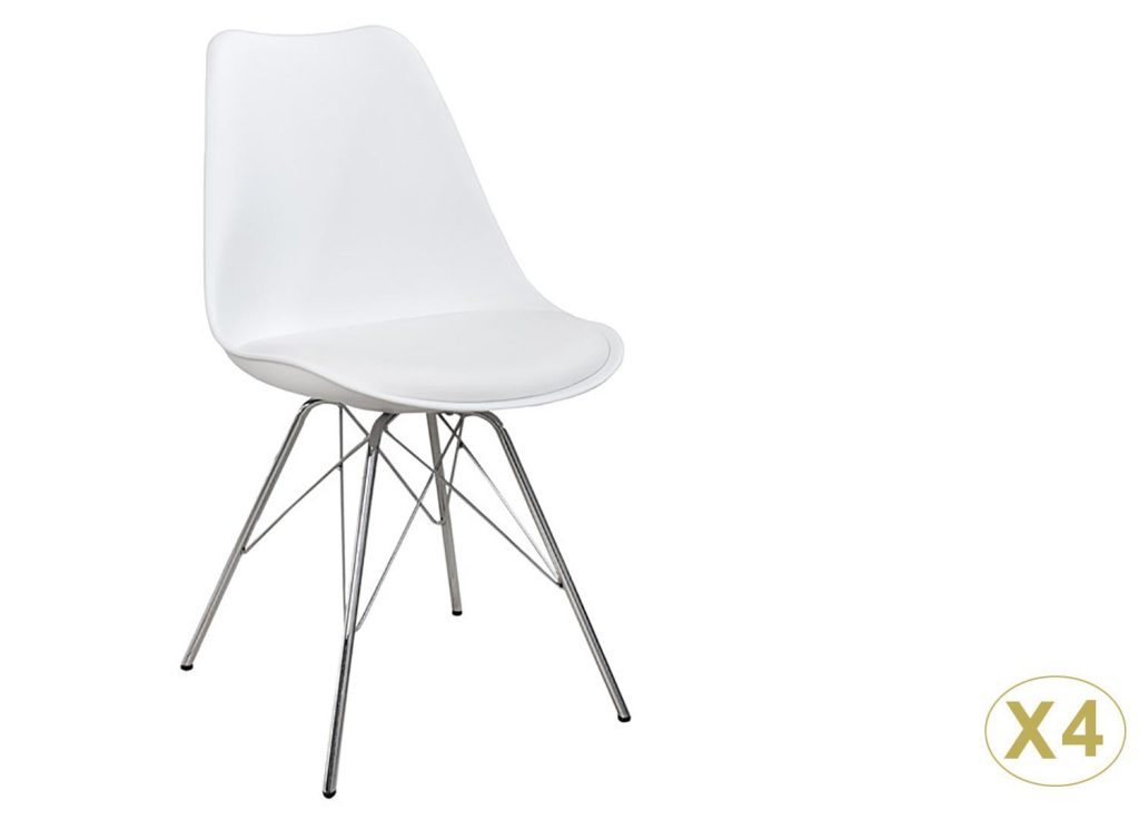 Chaises style rétro coque blanche et pieds chromés
