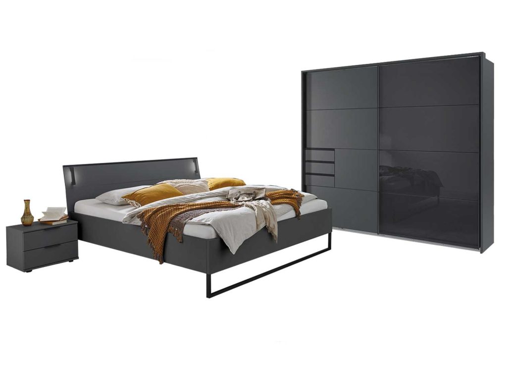 Chambre adulte complète graphite et verre noir Tilburg
