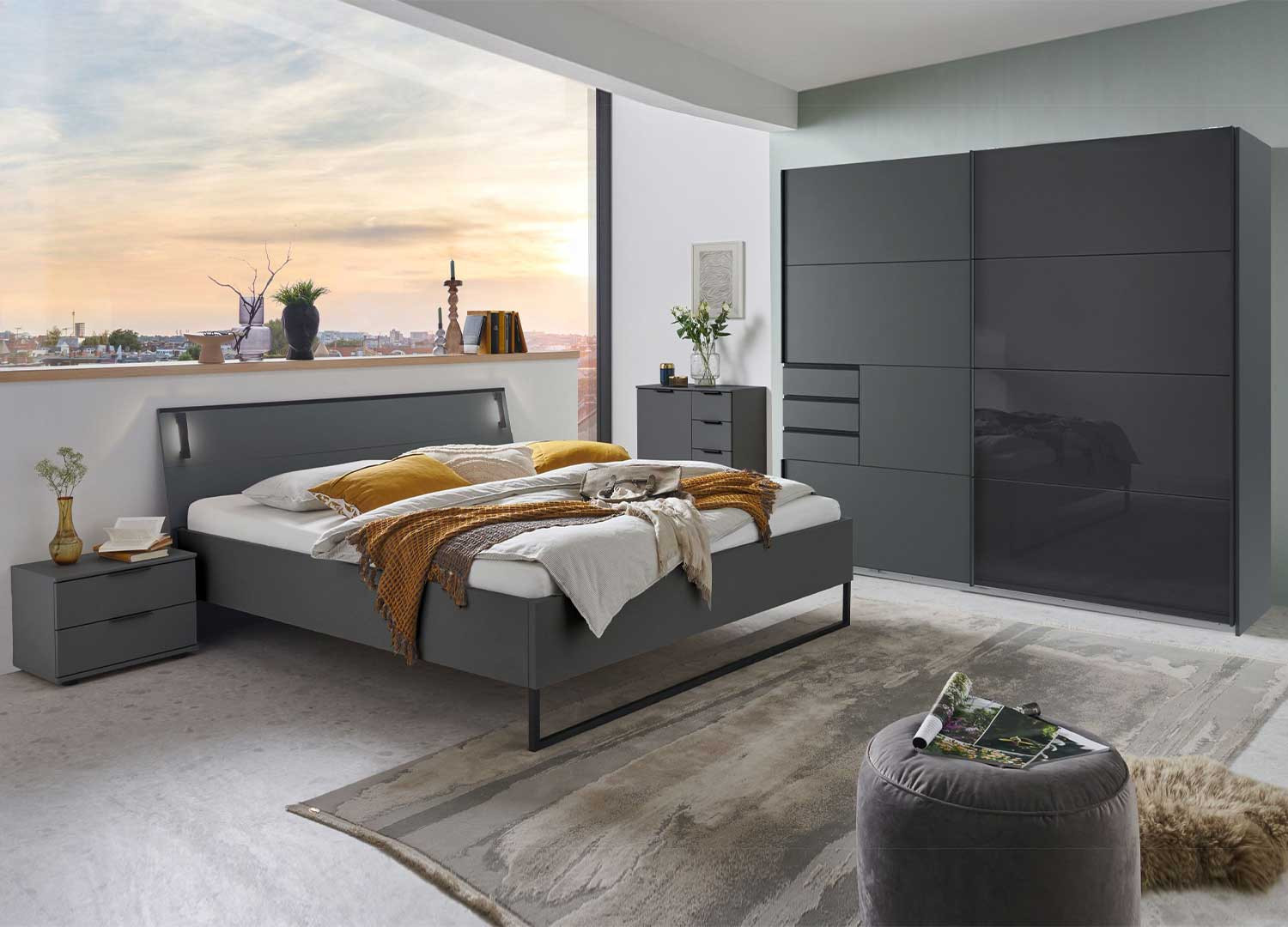 Chambre adulte complète graphite et verre noir Tilburg