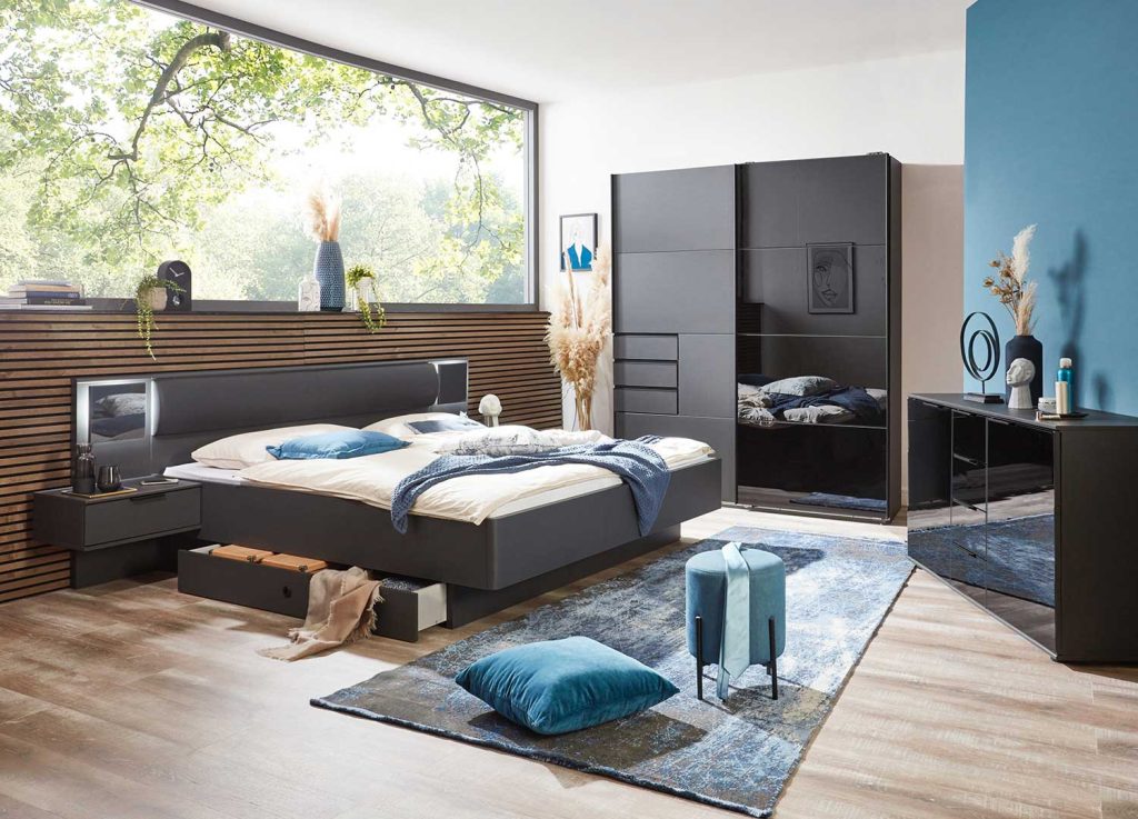 Chambre complète adulte gris graphite et verre noir