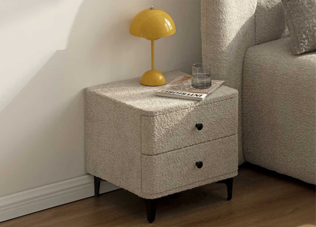 Chevet tissu bouclé grège 2 tiroirs Natalia