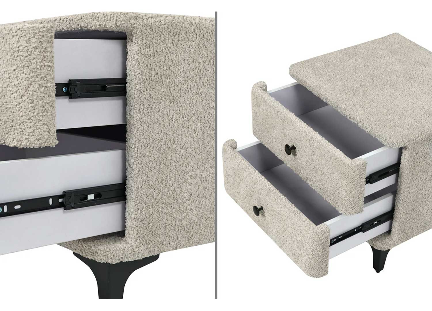 Chevet tissu bouclé grège 2 tiroirs Natalia