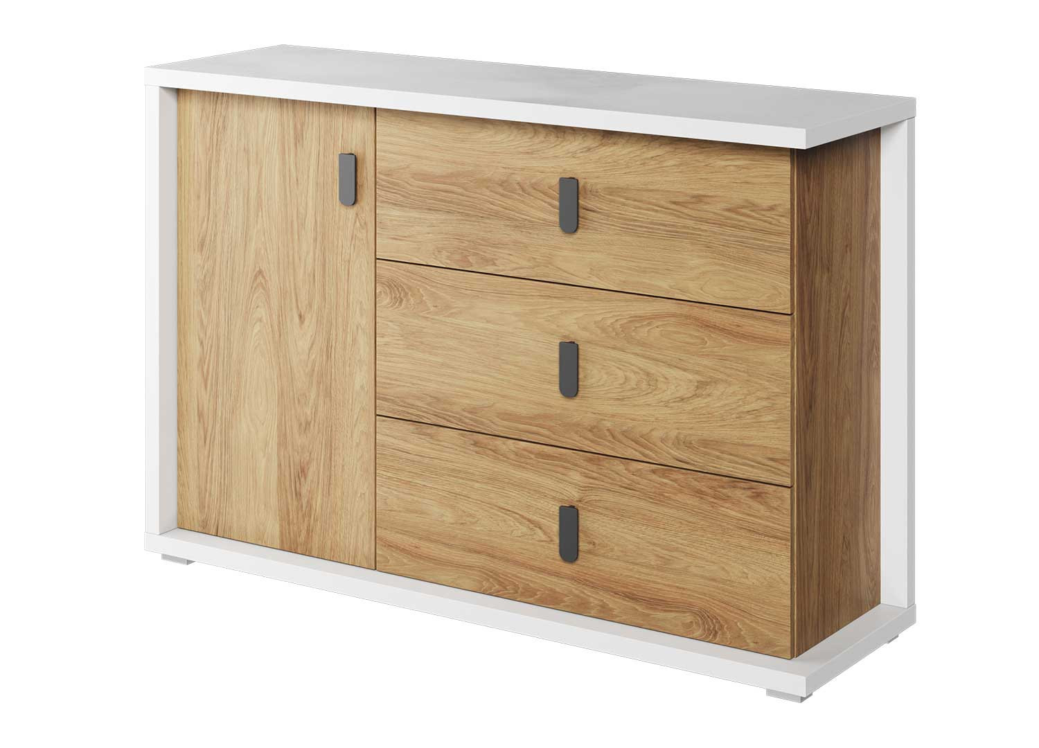 Commode 1 porte et 3 tiroirs blanche et chêne